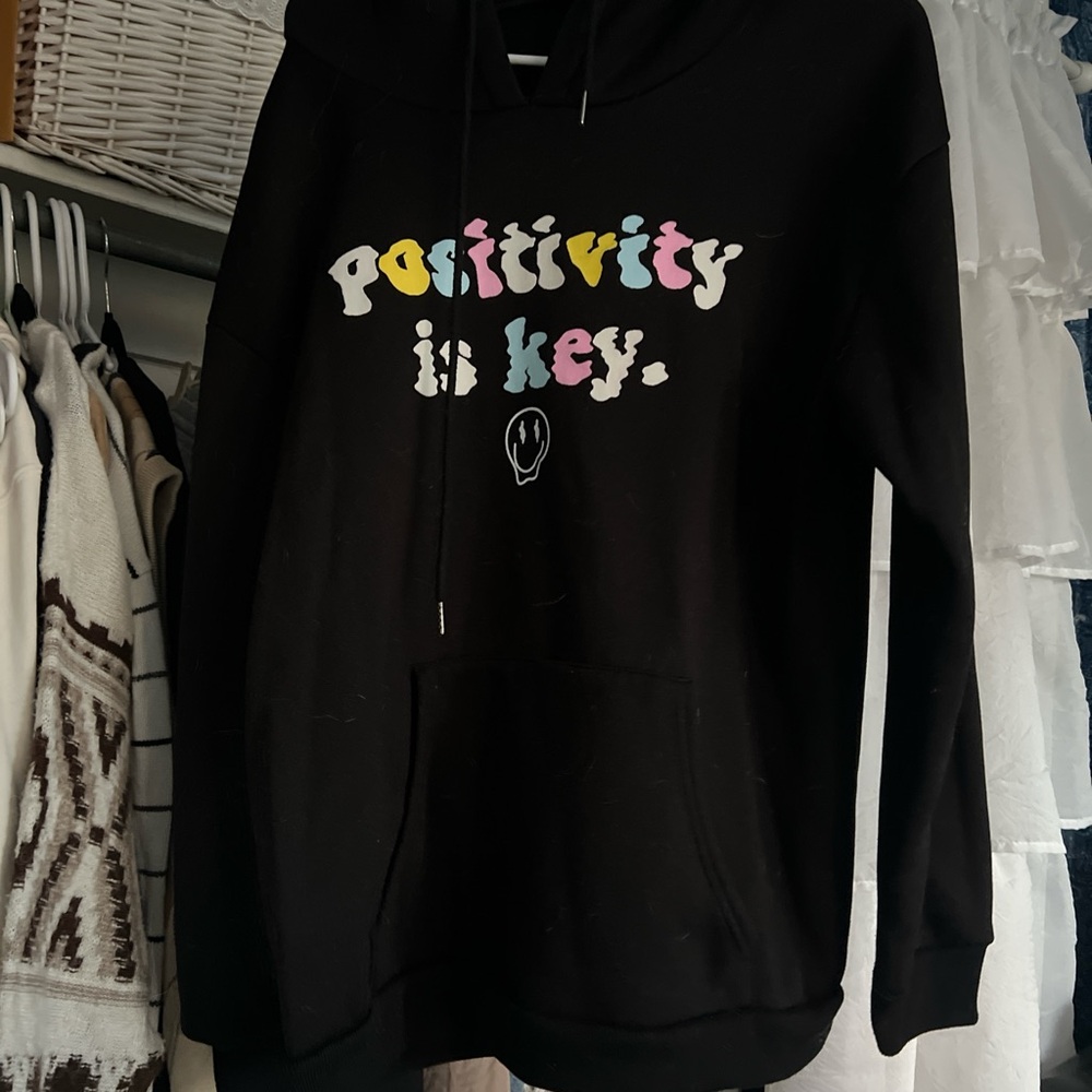 Positivity is key word print black hoodie with strings